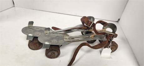 Vintage Union Metal Roller Skates With Leather Ankle Straps
