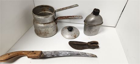 Vintage Cast Iron Shoe Mold & Aluminum Double Boiler & Pruning Saw & Canteen