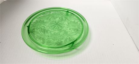 Uranium Cake Plate Green Sunflower Footed Depression Glass Vintage 10"