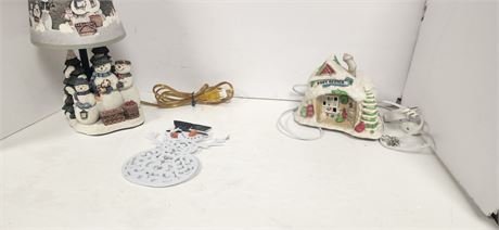 Snowman Lamp & Post Office Light Up House & Misc. Christmas Decorations