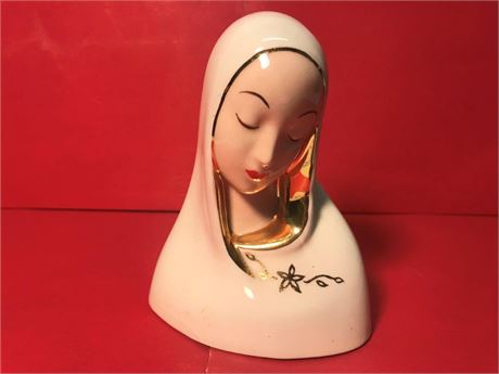 Mid Century Gold Accent Madonna Virgin Mary hand Painted Bust Statue