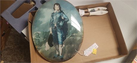 Antique "Blue Boy " Print Under Convex Glass. Flocked Back Bubble Glass & Misc.