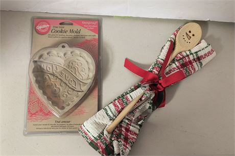 Cookie Mold & Wood Spoon & Hand Towel