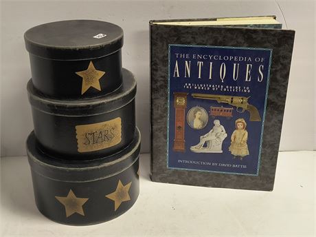 Decorative Stackable Boxes & Antique Book