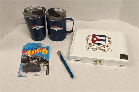 Hot wheel & Denver Broncos Tumblers & Tire Gauge & Cigar Box