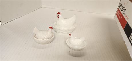 3 White Milk Glass Hens On Nest Dishes. One Is Marked Westmoreland