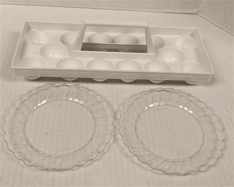 Egg Holder And 2 Clear Glass Serving Plates