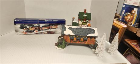 Vintage Village Porcelain Train Set & House & Bridge & Trees
