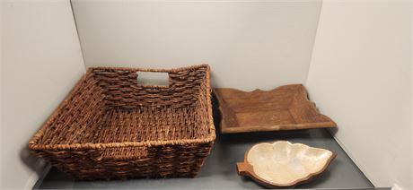 Wicker Basket & Cornwall Wood Bowl & Monkey Pod Wood Bowl