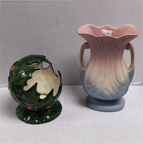 Hull Mardi Gras Double Handle Pink And Blue Vase & Christmas Candle Holder