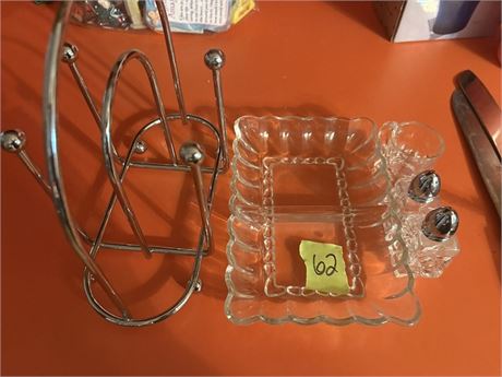 Napkin Holder, Glass Tray, Salt and Pepper Shakers