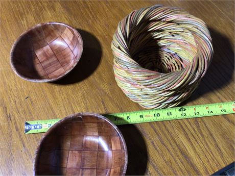 Unique Woven Basket and Two Wooden Bowls
