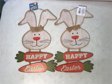 2 Happy Easter Bunnies Signs