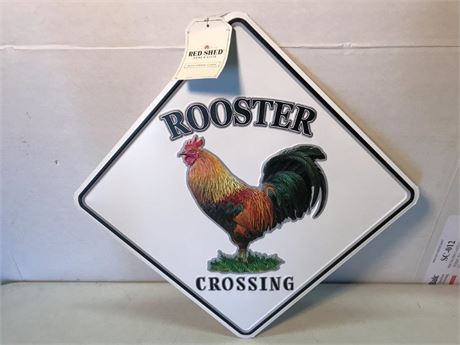 Rooster Crossing Red Shed Metal Sign