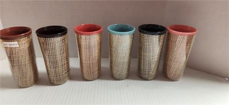 Lot Of 6 Vintage Insulated Burlap Wicker Tumblers