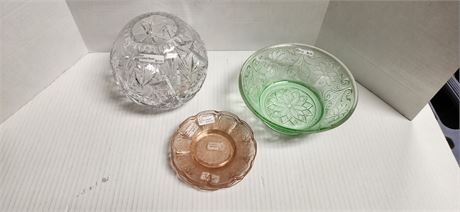 Crystal Bowl & Pink Cherry Blossom Plate & Green Depression Glass