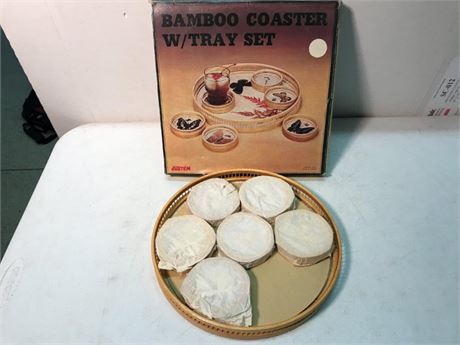 Embroidered Bamboo Coaster & Tray Set
