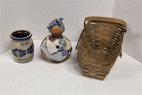 Small Longaberger Basket & Small Crock & Misc.