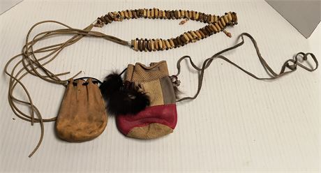 2 Small Leather Pouches & Bead Belt