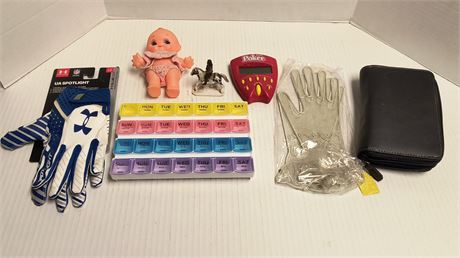 Kewpie Doll & Pill Organizer & Under Armor UA Spotlight Gloves & Toys & Misc.
