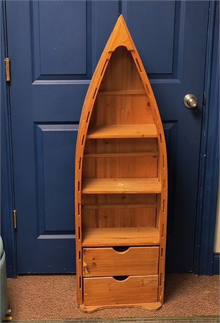 Tall Wood Boat Display Shelf With Drawers