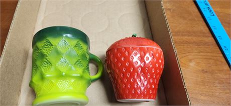 Fire King Coffee Cup & Strawberry Glass Jar