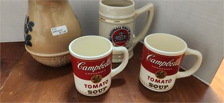 Campbell's Soup Coffee Cups & Football Hall Of Beer Stein & Pfaltzgraff Pitcher