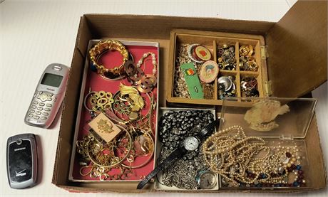 Vintage Costume Jewelry & 2 Vintage Cell Phones