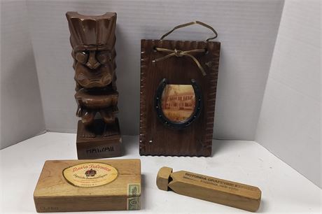 Horseshoe Decoration & Wood Tiki Statue & Train Whistle & Cigar Box