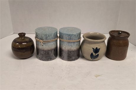 Williamsburg Pottery Jug & Misc. Pottery & 2 Candles