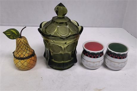 Jim Shore Golden Pear Trinket Box & Green Candy Dish & 2 Candles