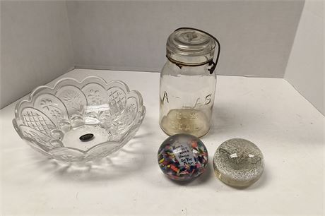 Atlas Canning Jar & Vintage Paper Weights & Crystal Clear Studios Glass Bowl