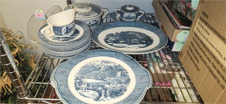 Currier & Ives "The Old Grit Mill" Underglaze Various Dishes & Misc. Pieces