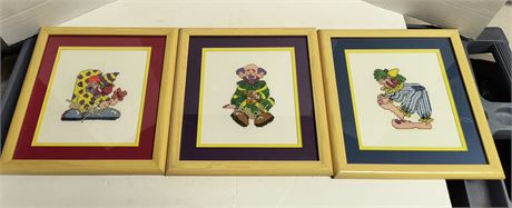 Set Of 3 Finished Cross Stitch Whimsical Clowns. Professionally Framed
