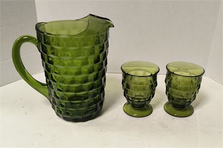 Vintage Avocado Green Glass Pitcher & Cups