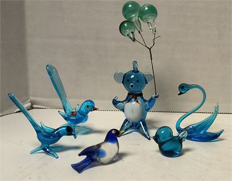 Various Blue Blown Glass Animals