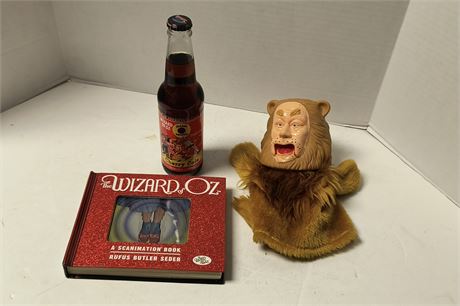 Wizard Of Oz Scanimation Book & Wizard Of Oz Cherry Soda & Lion Hand Puppet