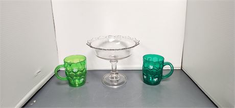 Clear Glass Pedestal Bowl & Green Plastic Cups