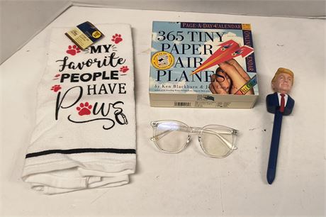 Trump Ink Pen & Hand Towel & Paper Airplane Book & Eye Glasses