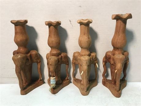 Thailand Wood Carved Elephant Candlestickholders