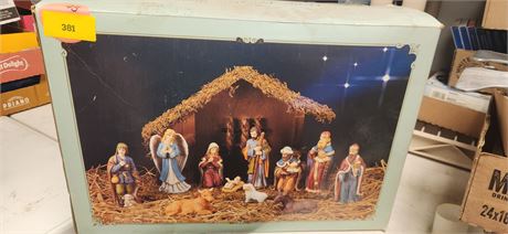 11 Piece Porcelain Bisque Nativity Set With Wood Creche