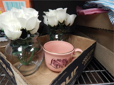 2 Glass Flower Vases & Coffee Cup