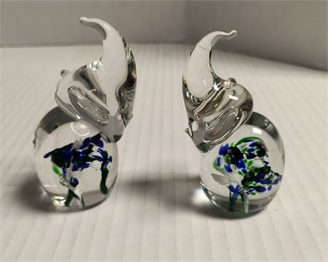 2 Clear Glass Elephant Paper Weights