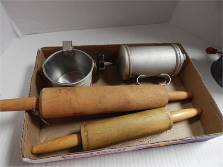 Wood Rolling Pins & Metal Cup & Pastry Press & Vintage Flour Sifter