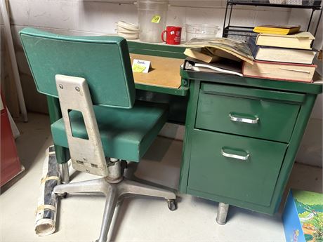 Vintage Green Metal Desk and Chair (In Basement)