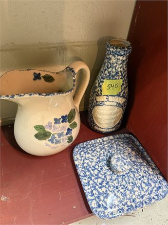 Henn Pottery, Floral Pitcher, Blue Speckled Jar and Lid