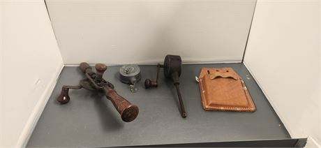 Rooster Leather Tool Pouch & Valve Grinder & Chalk Line & Vintage Hand Drill