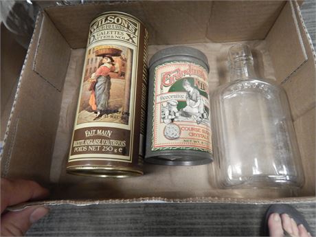 Vintage Tins & Glass Bottle