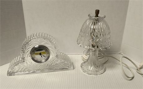 Princess House Glass Clock With Base  & Glass Small Lamp