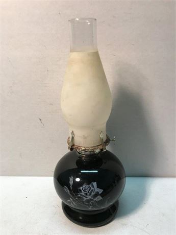 Vintage Black Oil Lamp with White Rose